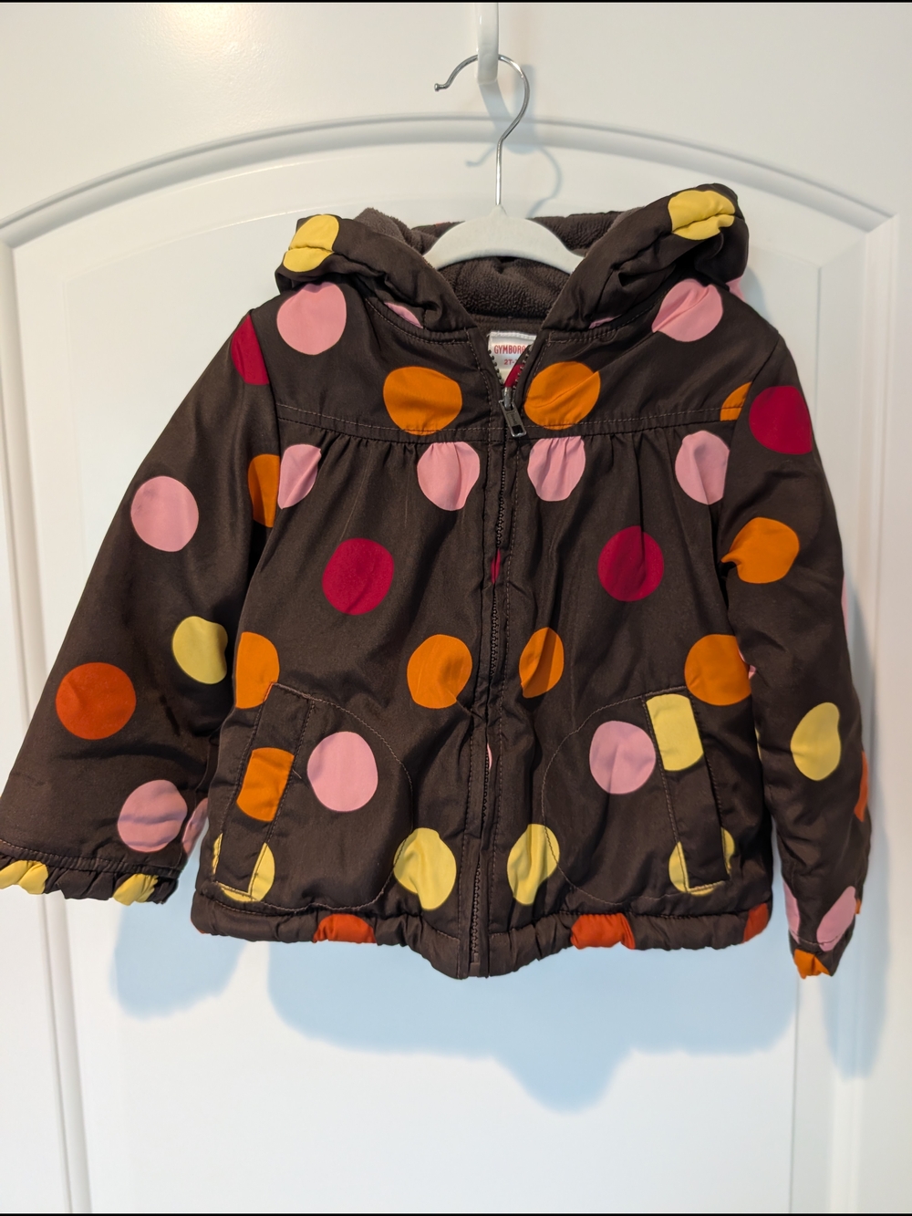 Gymboree Brown Hooded Puffer Jacket with Pink, Orange, Yellow & Red Polka Dots